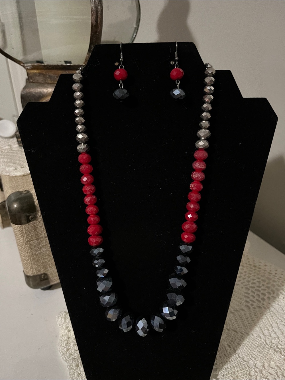 Elegant Red and Black Beaded Necklace with Matching Earrings